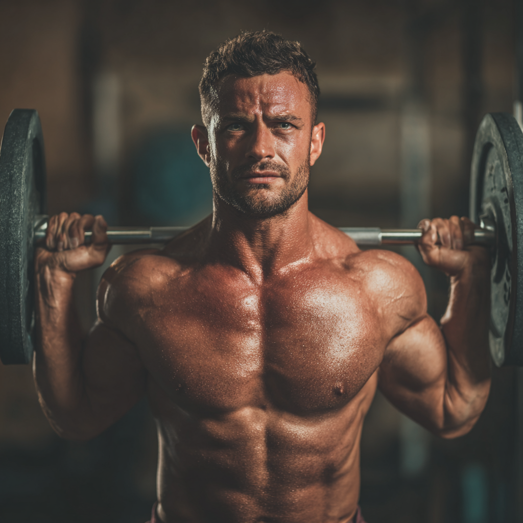 Confident muscular man training with heavy weights in professional fitness environment