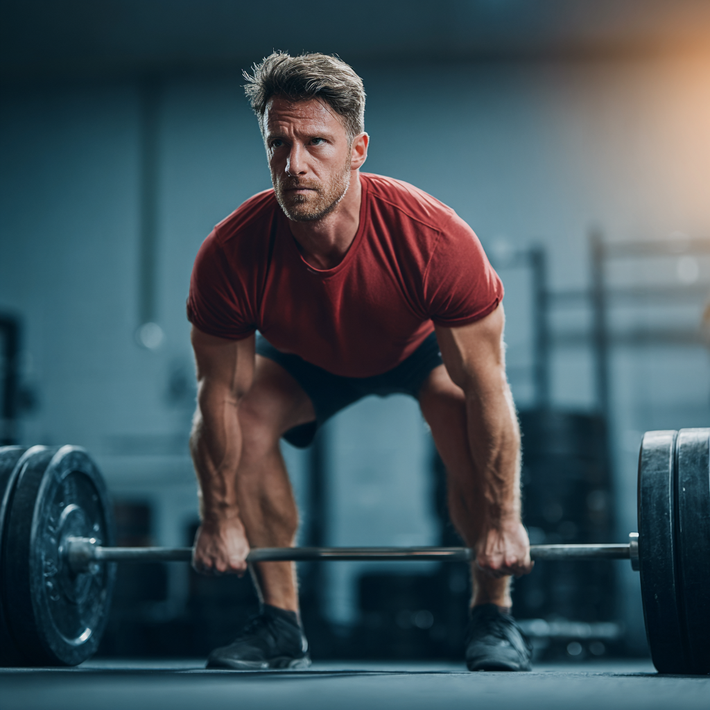 Strong athletic man performing deadlift exercise in modern gym with focused determination